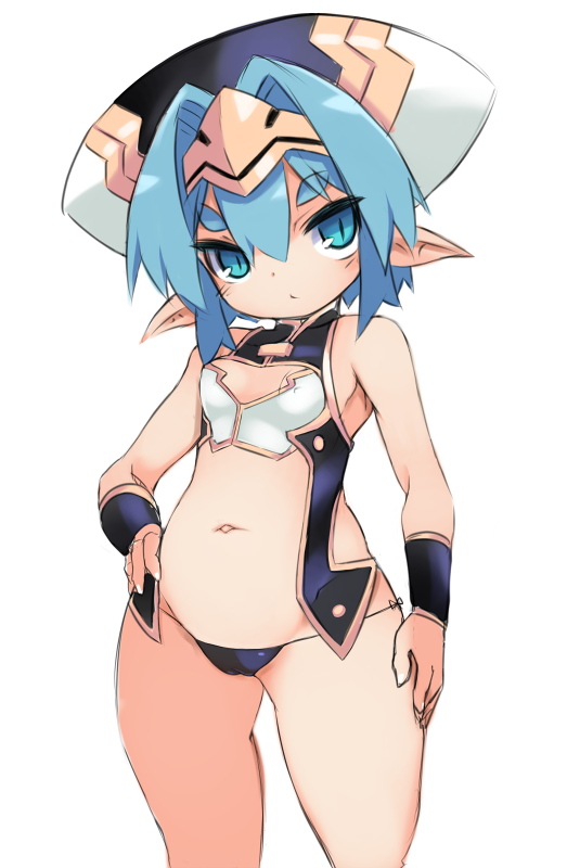1girl black_panties blue_eyes blue_hair breasts cleavage_cutout hand_on_hip hat hellmatio karukan_(monjya) looking_at_viewer navel panties pointy_ears shinrabanshou simple_background small_breasts solo underwear vambraces white_background