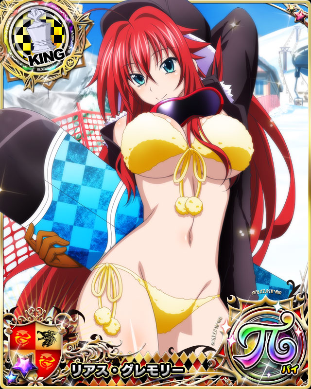 1girl ahoge arm_behind_head bikini bikini_under_clothes blue_eyes breasts card_(medium) character_name chess_piece closed_mouth day gloves goggles goggles_around_neck hat high_school_dxd high_school_dxd_pi king_(chess) large_breasts long_hair looking_at_viewer navel no_pants official_art open_clothes redhead rias_gremory smile snowboard solo standing swimsuit trading_card very_long_hair winter_clothes yellow_bikini
