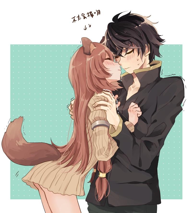 1boy 1girl animal_ear_fluff animal_ears artist_request bangs blush brown_hair brown_sweater closed_eyes closed_mouth eyebrows_visible_through_hair hair_between_eyes hand_on_another's_shoulder hetero iwatani_naofumi long_hair nose_blush raccoon_ears raccoon_girl raphtalia ribbed_sweater source_request sweater tate_no_yuusha_no_nariagari upper_body very_long_hair