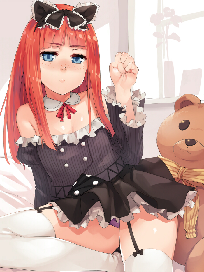 1girl bangs bare_shoulders bed black_bow black_shirt black_skirt blue_eyes blunt_bangs blush bow clenched_hand detached_collar freckles frilled_bow frilled_shirt frilled_sleeves frills garter_straps gothic_lolita hair_bow indoors lolita_fashion long_sleeves looking_at_viewer miniskirt nose_blush off-shoulder_shirt off_shoulder on_bed original panties pantyshot pantyshot_(sitting) petticoat pinstripe_pattern purple_panties redhead shirt sitting skirt solo straight_hair striped stuffed_animal stuffed_toy teddy_bear thigh-highs underwear white_legwear window yamayoshi_tanosuke