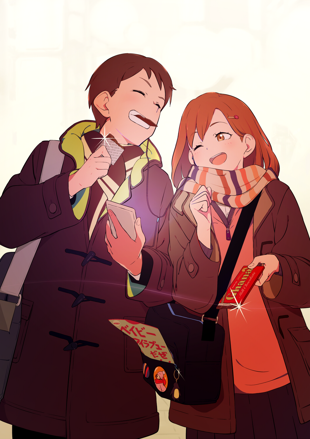 1boy 1girl baby_i_love_you_daze bag brown_hair chocolate closed_eyes coat commentary_request eating food ghana_(chocolate) grin hair_ornament hairclip highres keychain long_hair long_sleeves mouth_hold one_eye_closed open_mouth orange_eyes partial_commentary scarf smile sohin translated