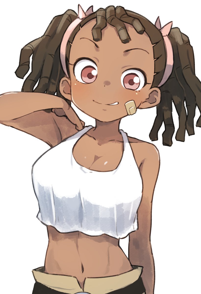 1girl arm_at_side ayukawa_miyuki bandaid bandaid_on_face basquash! brown_eyes brown_hair crop_top crop_top_overhang dark_skin gazacy_(dai) hairlocs hand_up highres looking_at_viewer midriff navel simple_background smile solo standing twintails white_background