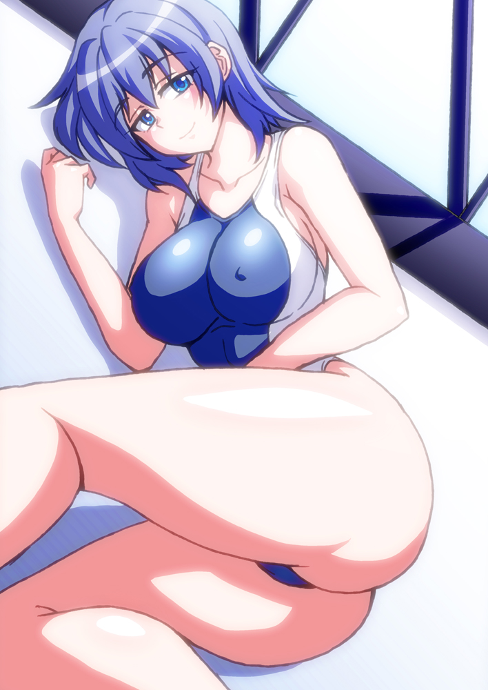 1girl ass bare_shoulders blue_eyes blue_hair blue_swimsuit breasts competition_swimsuit covered_nipples eyebrows_visible_through_hair half-closed_eyes large_breasts looking_at_viewer lying on_side one-piece_swimsuit original smile solo swimsuit zetsumu