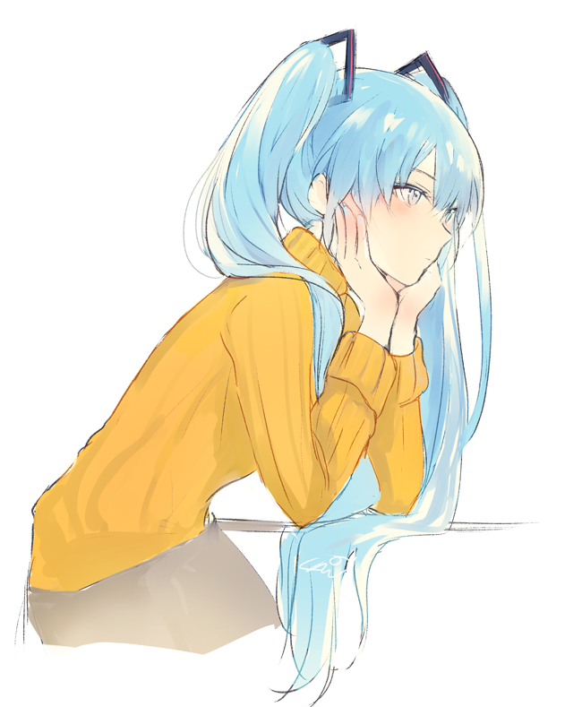 1girl arm_support bangs blue_eyes blue_hair blue_nails brown_skirt eyebrows_visible_through_hair fingernails hair_between_eyes hair_ornament hatsune_miku long_hair looking_away lpip nail_polish orange_sweater ribbed_sweater skirt solo sweater twintails very_long_hair vocaloid white_background