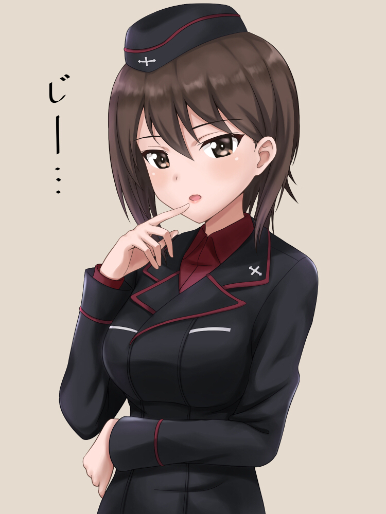 1girl bangs beige_background black_headwear black_jacket brown_eyes brown_hair commentary darknessukaru emblem eyebrows_visible_through_hair finger_to_mouth garrison_cap girls_und_panzer hat jacket kuromorimine_military_uniform light_blush light_smile lips long_sleeves looking_at_viewer military military_hat military_uniform nishizumi_maho open_mouth short_hair simple_background solo standing translated uniform upper_body wing_collar