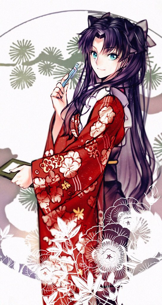 1girl bangs black_bow blue_eyes bow breasts closed_mouth fate/stay_night fate_(series) feet_out_of_frame floral_print frills from_side hair_bow holding japanese_clothes kimono long_hair long_sleeves looking_at_viewer medium_breasts obi parted_bangs patterned pen print_kimono purple_hair red_kimono sash smile solo source_request standing toosaka_rin two_side_up very_long_hair white_background yaoshi_jun