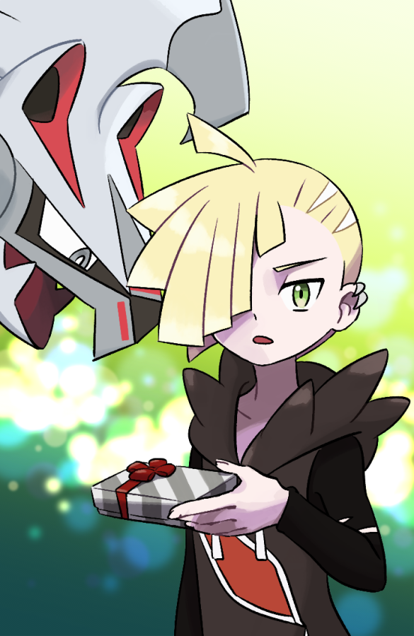 1boy blonde_hair box commentary_request gen_7_pokemon gift gift_box gladio_(pokemon) green_eyes hair_over_one_eye long_sleeves parted_lips pokemon pokemon_(creature) pokemon_(game) pokemon_sm short_hair silvally torn_clothes ukata upper_body