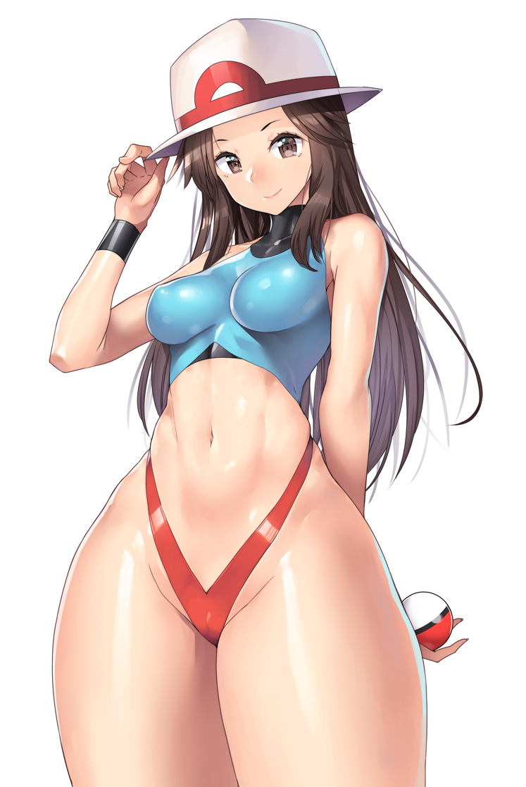1girl adapted_costume ball blue_(pokemon) breasts brown_hair hat holding holding_ball holding_poke_ball long_hair looking_at_viewer nagase_haruhito navel poke_ball poke_ball_(generic) pokemon pokemon_(game) pokemon_frlg porkpie_hat simple_background smile underwear white_background wide_hips