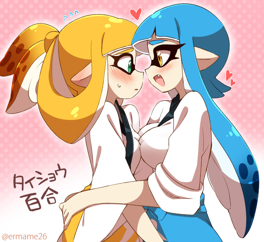 2girls alternate_hairstyle artist_name bangs blonde_hair blue_hair blunt_bangs breast_press breasts domino_mask eromame eyebrows fang flying_sweatdrops green_eyes hand_on_another's_ass hands_on_another's_hips heart hug inkling long_hair looking_at_another mask multiple_girls pointy_ears ponytail pun smile splatoon_(series) splatoon_1 sweat symmetrical_docking thick_eyebrows translated twitter_username yellow_eyes yuri