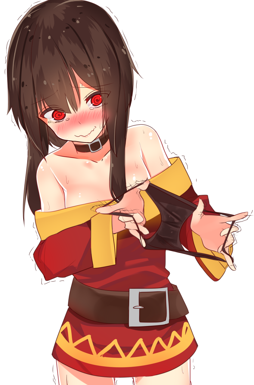 1girl @_@ belt black_panties blush brown_hair collar dress embarrassed eyebrows_visible_through_hair highres holding holding_panties kono_subarashii_sekai_ni_shukufuku_wo! megumin off_shoulder panties panties_removed red_dress red_eyes shirousa short_hair_with_long_locks solo tears trembling underwear wavy_mouth wet wet_clothes wet_panties white_background