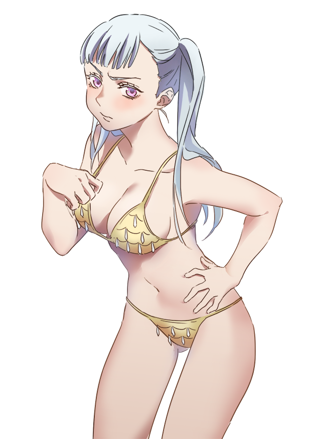 1girl bangs bikini black_clover blush breasts closed_mouth hand_on_hip large_breasts leaning_forward long_hair looking_at_viewer mame_(34203651) navel noelle_silva silver_hair solo swimsuit twintails violet_eyes white_background yellow_bikini