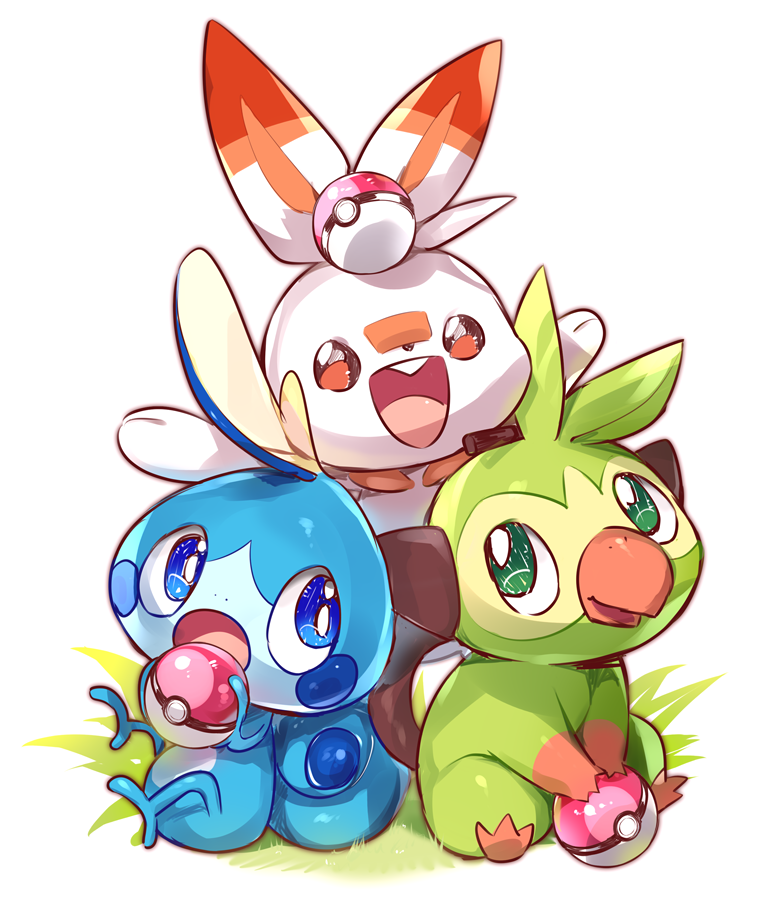 arms_up blue_eyes buck_teeth commentary full_body gen_8_pokemon grass green_eyes grookey hands_up happy holding holding_poke_ball looking_at_another looking_to_the_side looking_up no_humans open_mouth orange_eyes poke_ball poke_ball_(generic) pokemon pokemon_(creature) scorbunny simple_background sitting smile sobble white_background yamaarashi