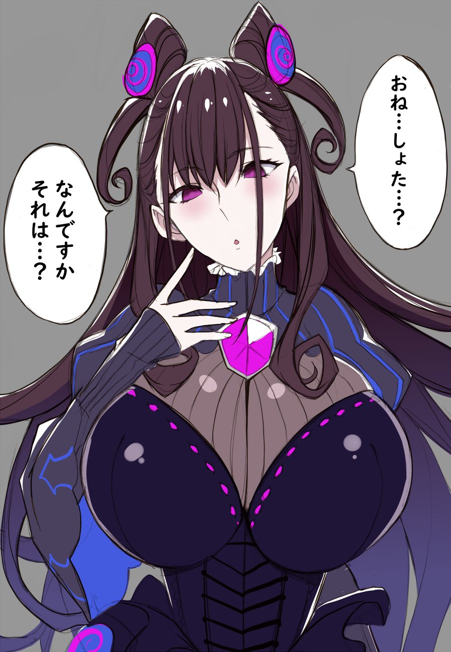 1girl black_dress breasts brown_hair commentary double_bun dress fate/grand_order fate_(series) grey_background highres juliet_sleeves kloah large_breasts long_sleeves murasaki_shikibu_(fate) puffy_sleeves speech_bubble translated two_side_up violet_eyes