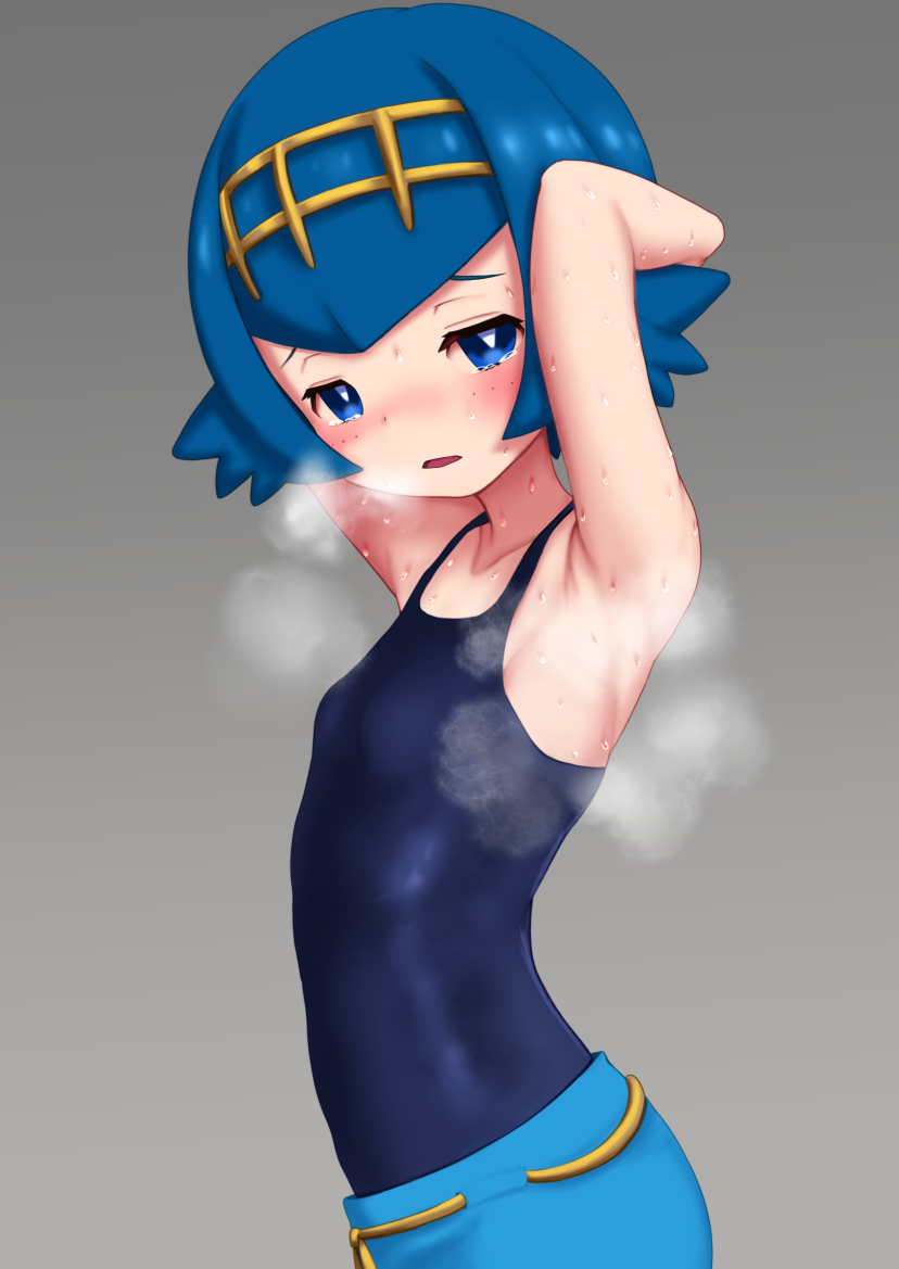 1girl blue_eyes blue_hair blush grey_background gumakara hairband one-piece_swimsuit parted_lips pokemon pokemon_(game) pokemon_sm short_hair simple_background solo suiren_(pokemon) sweat swimsuit tearing_up trial_captain