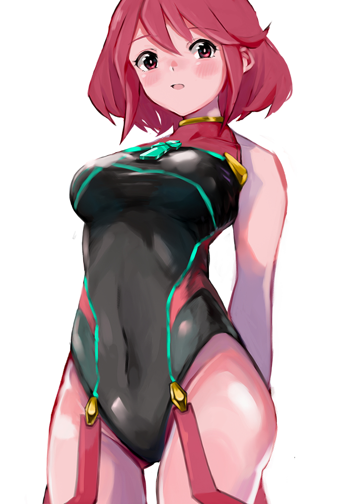 1girl arms_behind_back bangs bare_shoulders blush breasts covered_collarbone covered_navel cowboy_shot eyebrows_visible_through_hair groin pyra_(xenoblade) legs_apart looking_at_viewer medium_breasts one-piece_swimsuit open_mouth red_eyes redhead shioaji_(siolog) short_hair simple_background solo swimsuit thighs white_background xenoblade_(series) xenoblade_2