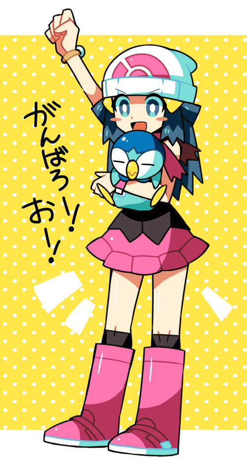 1girl beanie bird black_hair blue_eyes blush_stickers boots closed_eyes creature dadadanoda full_body hat hikari_(pokemon) holding holding_pokemon long_hair pink_footwear piplup pokemon pokemon_(creature) pokemon_(game) pokemon_dppt pokemon_trainer polka_dot polka_dot_background raised_fist standing translated white_headwear yellow_background