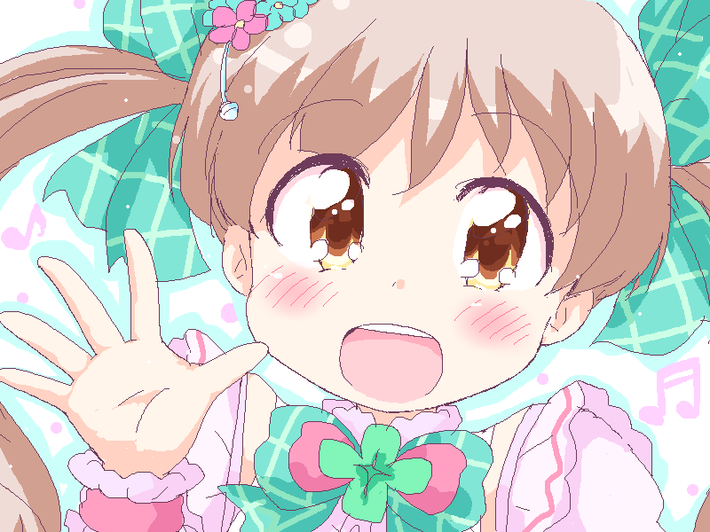 1girl blush bow brown_eyes brown_hair commentary_request eyebrows_visible_through_hair face geetsu green_bow hair_bow hair_ornament hakozaki_serika hand_up idolmaster idolmaster_million_live! idolmaster_million_live!_theater_days long_hair looking_at_viewer oekaki open_mouth portrait smile solo twintails waving