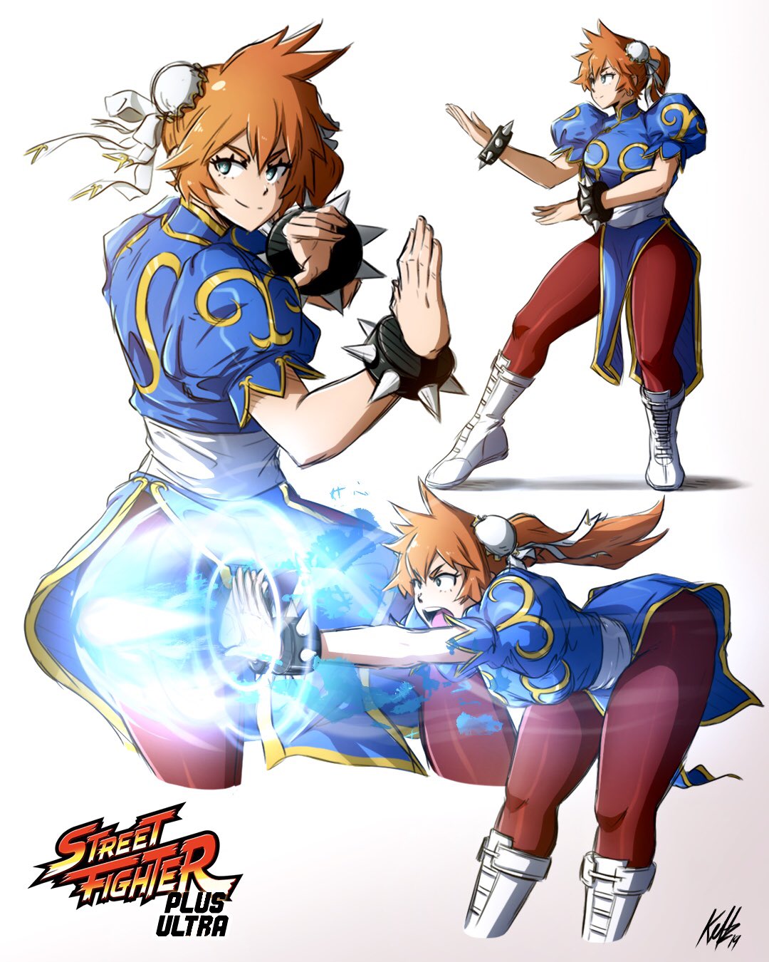 1girl blue_dress boku_no_hero_academia bracelet china_dress chinese_clothes chun-li chun-li_(cosplay) cosplay dress highres jewelry kellzallday30 kendou_itsuka multiple_views open_mouth orange_hair pantyhose sash signature simple_background spiked_bracelet spikes street_fighter white_background