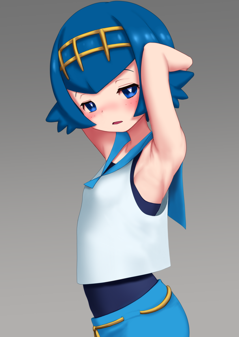 1girl arms_up blue_eyes blue_hair blush from_side grey_background gumakara hairband looking_to_the_side parted_lips pokemon pokemon_(game) pokemon_sm shirt short_hair simple_background sleeveless sleeveless_shirt solo suiren_(pokemon) swimsuit swimsuit_under_clothes trial_captain white_shirt