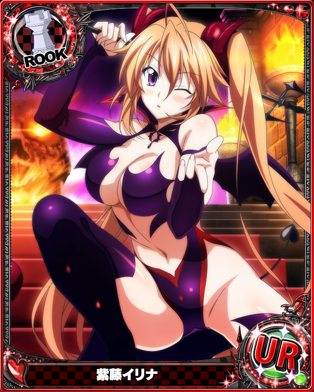 1girl blue_eyes blush breasts card_(medium) character_name chess_piece demon_girl demon_horns demon_tail demon_wings fake_horns fake_tail fake_wings high_school_dxd horns large_breasts long_hair looking_at_viewer navel official_art one_eye_closed orange_hair rook_(chess) shidou_irina smile solo succubus tail trading_card twintails very_long_hair violet_eyes wings