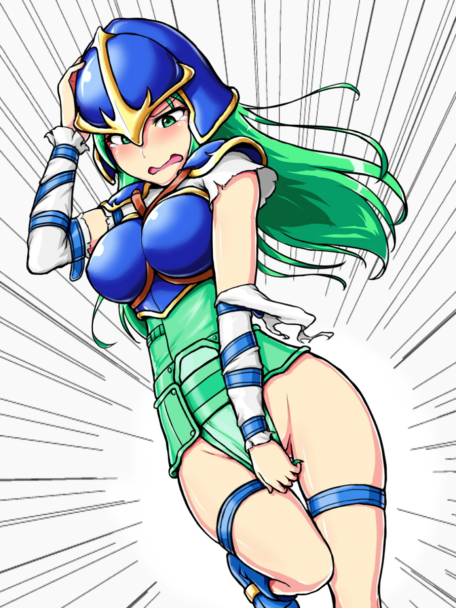 1girl blush bottomless breastplate commentary_request covering covering_crotch fire_emblem fire_emblem:_souen_no_kiseki fire_emblem_heroes green_eyes green_hair hand_on_headwear helmet highres leg_up long_hair memetsu_(umvn4442) nephenee open_mouth solo tearing_up thigh_strap