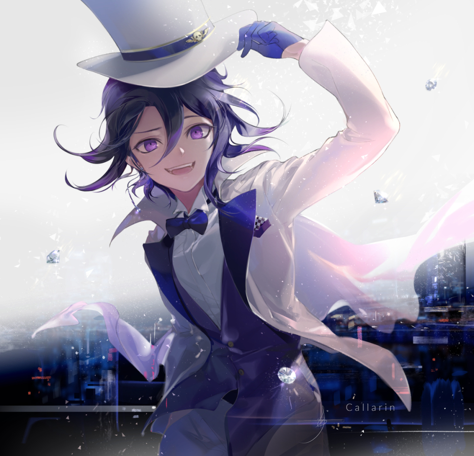 1boy alternate_costume artist_name blue_bow blue_gloves blue_neckwear blue_sweater_vest bow callarinc commentary_request cowboy_shot dangan_ronpa diamond_(gemstone) fangs gloves hair_between_eyes hat holding holding_hat jacket jewelry long_sleeves looking_at_viewer messy_hair new_dangan_ronpa_v3 ouma_kokichi phantom_thief purple_hair shirt short_hair solo standing sweater_vest upper_teeth violet_eyes white_headwear white_jacket white_shirt