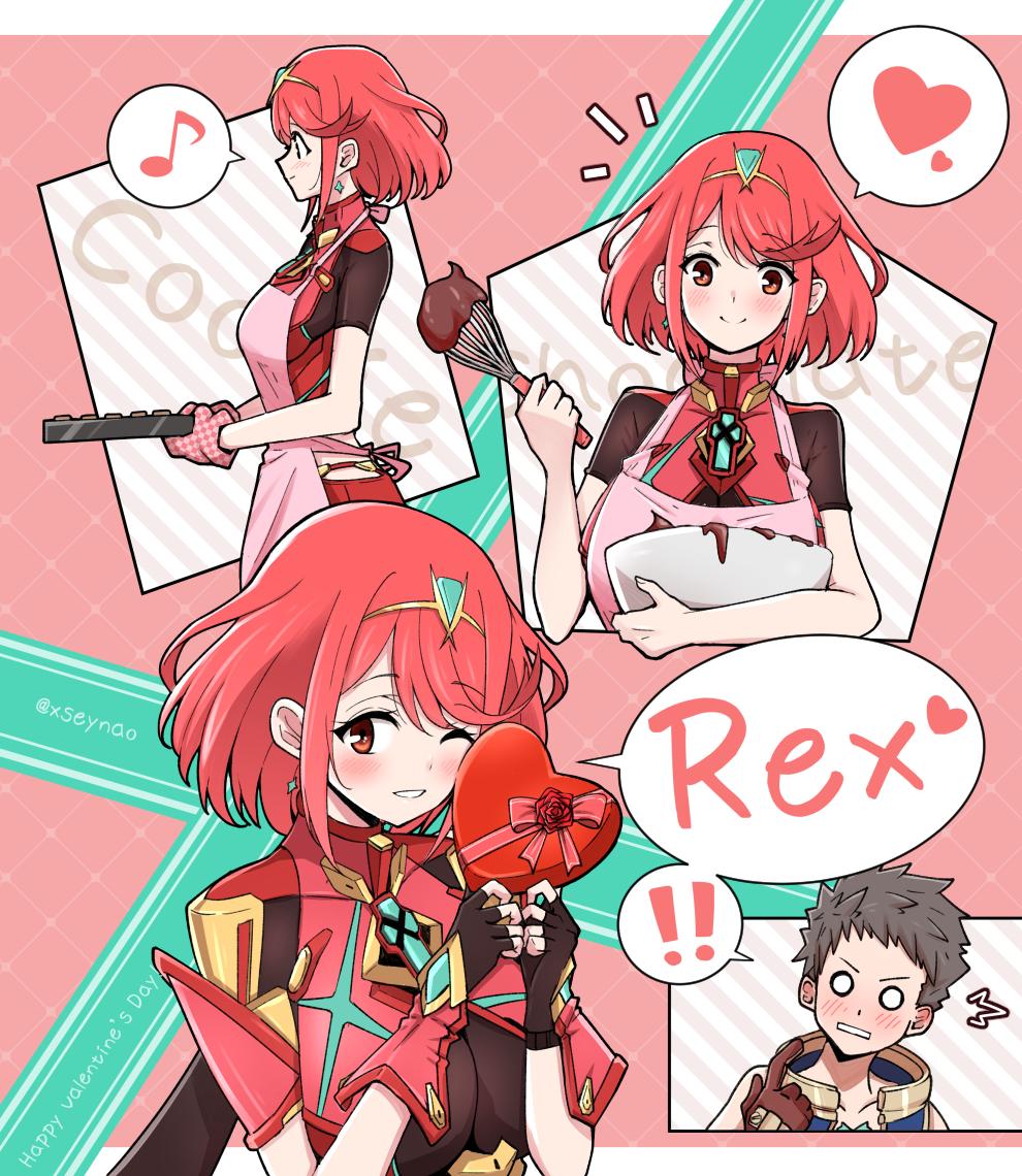 1boy 1girl apron armor bangs blush breasts commentary_request earrings fingerless_gloves gloves hair_ornament headpiece pyra_(xenoblade) jewelry large_breasts looking_at_viewer mochimochi_(xseynao) pose red_eyes red_shorts redhead rex_(xenoblade_2) short_hair short_shorts shorts shy smile swept_bangs tiara xenoblade_(series) xenoblade_2