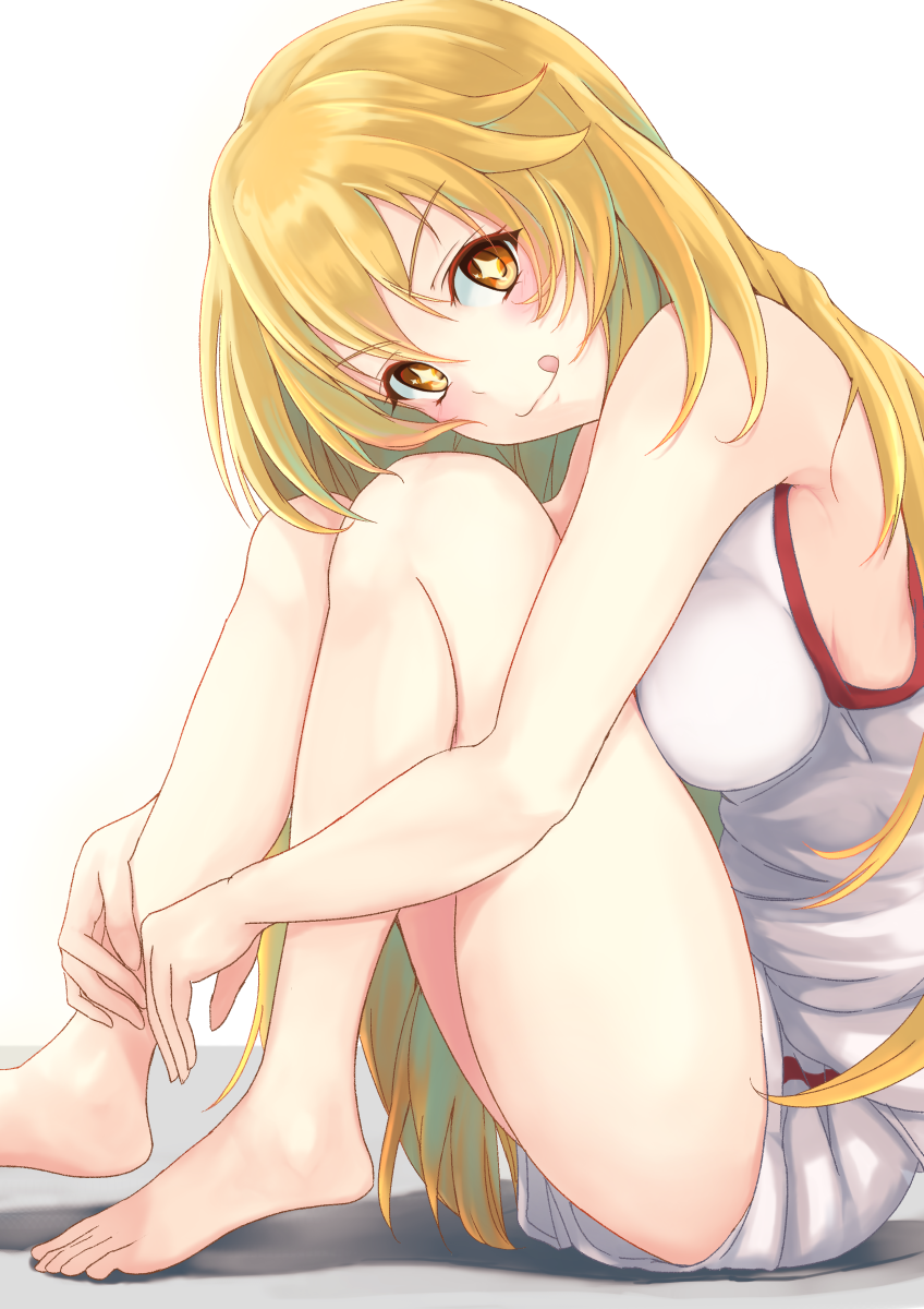 1girl barefoot blonde_hair breasts brown_eyes from_side gym_uniform highres k3rd long_hair looking_at_viewer medium_breasts shirt shokuhou_misaki short_shorts shorts sideboob simple_background sitting sleeveless sleeveless_shirt solo sparkling_eyes to_aru_majutsu_no_index tongue tongue_out very_long_hair white_background white_shirt white_shorts