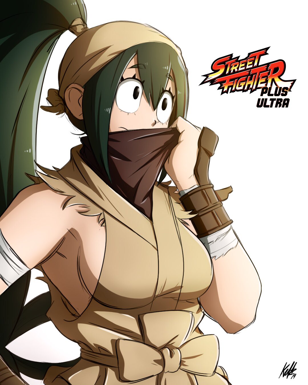 1girl asui_tsuyu black_eyes boku_no_hero_academia breasts cosplay eyebrows_visible_through_hair green_hair hair_between_eyes highres ibuki_(street_fighter) ibuki_(street_fighter)_(cosplay) kellzallday30 sideboob signature simple_background street_fighter white_background