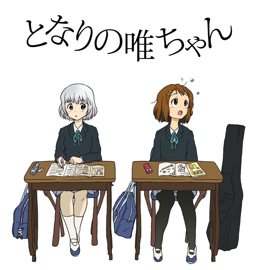 2girls :o bag black_jacket black_legwear blazer blue_bag blue_footwear blue_neckwear blue_ribbon bob_cut book brown_eyes brown_hair chair commentary crossover desk eraser guitar_case hair_ornament hair_strand hairclip hirasawa_yui imagining instrument_case jacket k-on! kneehighs looking_to_the_side mechanical_pencil multiple_girls narumero open_mouth pantyhose parody pencil pencil_case ribbon school_bag school_uniform shirt shoes short_hair silver_hair simple_background sitting skirt title_parody tonari_no_seki-kun translated uwabaki white_background white_legwear white_shirt writing yokoi_rumi