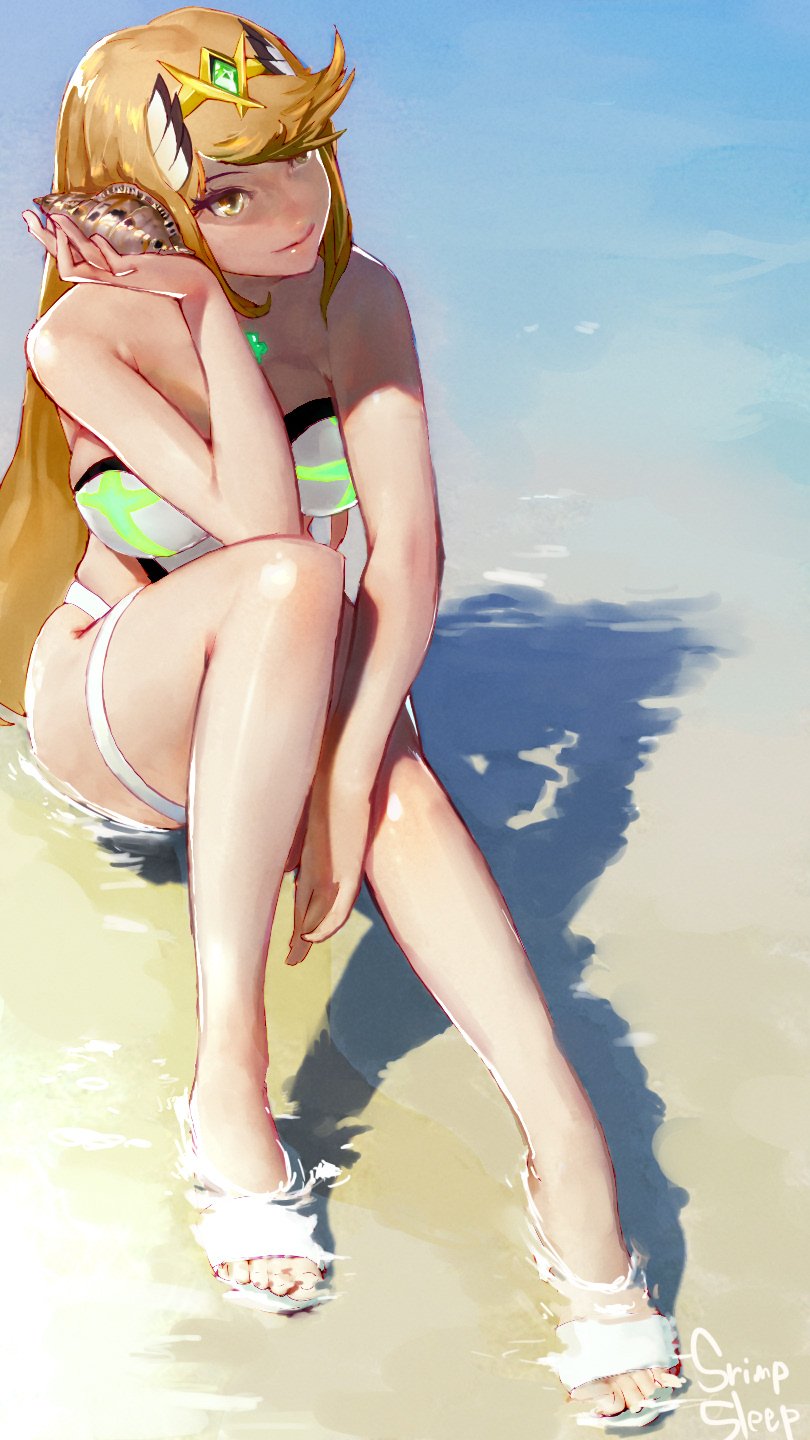 1girl bangs bare_arms bare_legs bare_shoulders beach between_legs blonde_hair blush breasts casual_one-piece_swimsuit chest_jewel closed_mouth conch day emerald_(gemstone) from_above full_body gem hand_between_legs hand_up highres mythra_(xenoblade) holding holding_shell knee_up large_breasts light_smile long_hair looking_afar ocean one-piece_swimsuit outdoors partially_submerged sandals seashell shadow shell shrimqsleeq side_cutout sideboob signature skindentation smile solo strapless strapless_swimsuit swept_bangs swimsuit thigh_strap tiara toes very_long_hair water white_footwear white_swimsuit xenoblade_(series) xenoblade_2 yellow_eyes