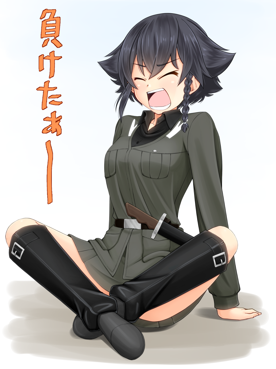 1girl anzio_military_uniform arm_support black_hair boots braid closed_eyes commentary_request eyebrows_visible_through_hair girls_und_panzer highres indian_style knee_boots open_mouth partial_commentary pepperoni_(girls_und_panzer) ruka_(piyopiyopu) sheath sheathed sitting solo translated white_background