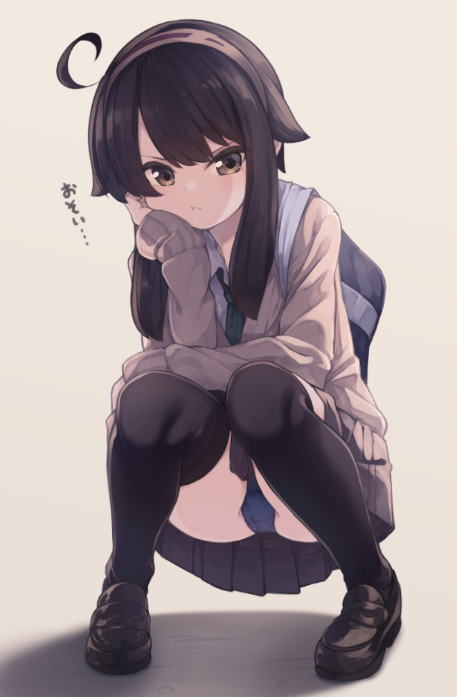 1girl :t ahoge bag black_footwear black_legwear blue_panties blush brown_background brown_eyes brown_hair brown_hairband brown_skirt brown_sweater closed_mouth collared_shirt commentary_request full_body green_neckwear hair_flaps hairband loafers long_hair long_sleeves natsuki_teru necktie original panties pleated_skirt pout school_bag shadow shikibe_ayaka shirt shoes short_hair_with_long_locks sidelocks skirt sleeves_past_wrists solo squatting sweater thigh-highs translated underwear white_shirt