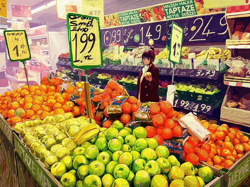 1girl apple bag banana bangs black_hair expressionless food food_request fruit green_apple hair_bun holding holding_food holding_fruit indoors jacket long_hair mablex original plastic_bag price_tag shopping sign solo supermarket translation_request upper_body