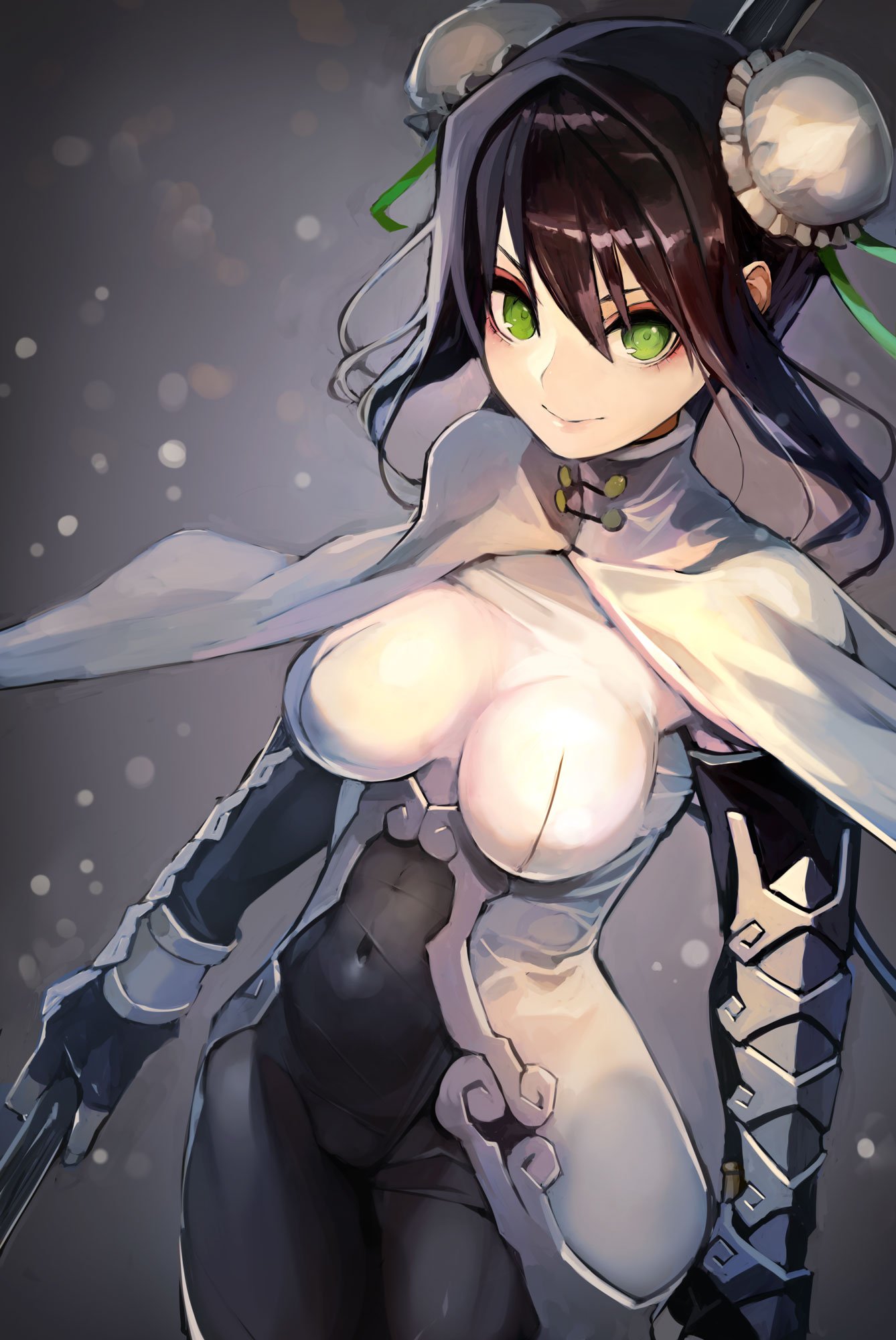 1girl bangs black_hair bodysuit breasts bun_cover cape closed_mouth commentary_request covered_navel double_bun fate/grand_order fate_(series) fingerless_gloves gloves green_eyes highres holding holding_weapon looking_at_viewer polearm qin_liangyu_(fate) sidelocks smile solo taishi_(picchiridou) weapon