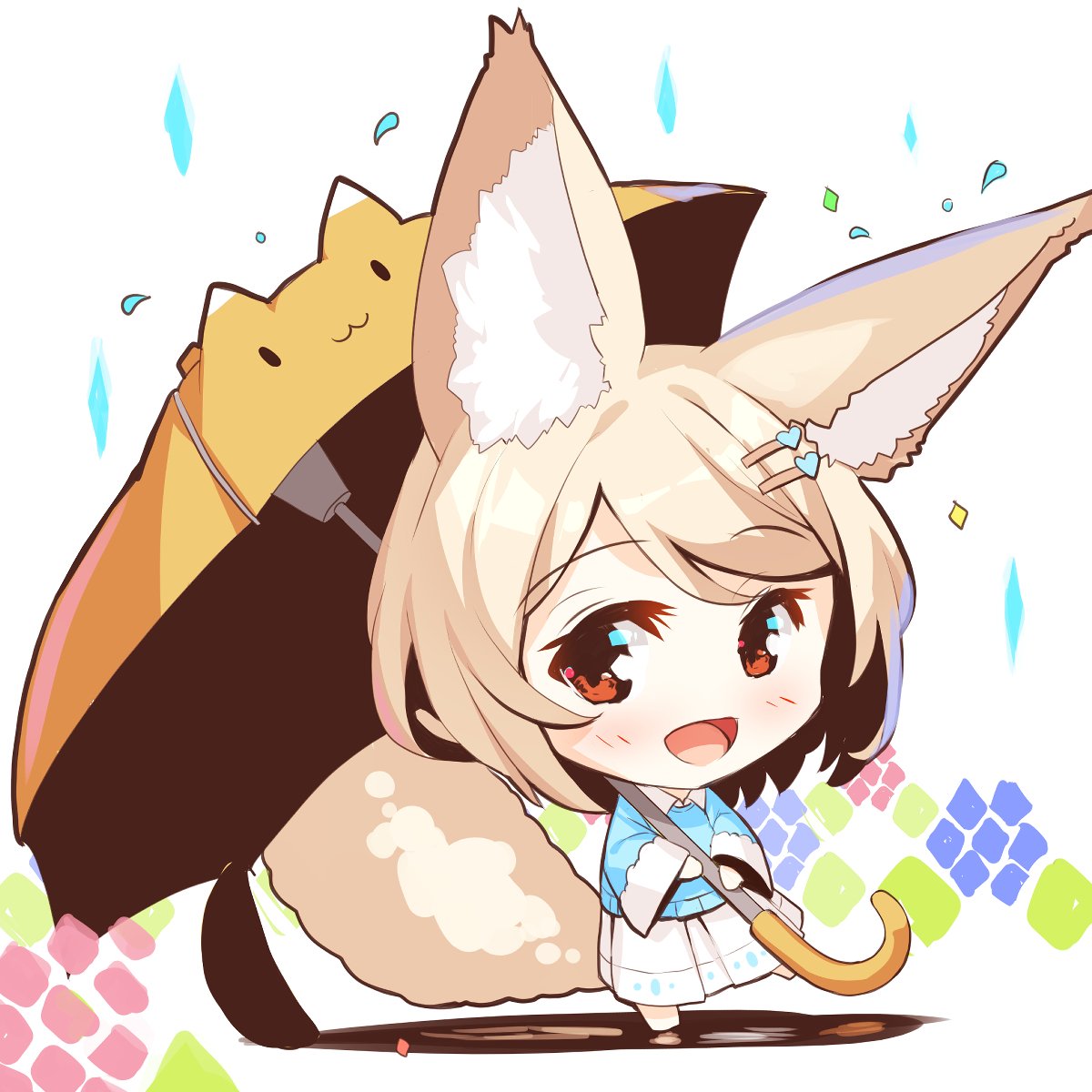 1girl :d animal_ear_fluff animal_ears bangs barefoot blue_sweater blush brown_umbrella chibi collared_shirt commentary_request eyebrows_visible_through_hair fox_ears fox_girl fox_tail hair_ornament hairclip heart heart_hair_ornament highres holding holding_umbrella light_brown_hair long_sleeves looking_at_viewer open_mouth original pleated_skirt red_eyes shadow shirt skirt smile solo standing standing_on_one_leg sweater tail umbrella water_drop white_shirt white_skirt wide_sleeves yuuji_(yukimimi)