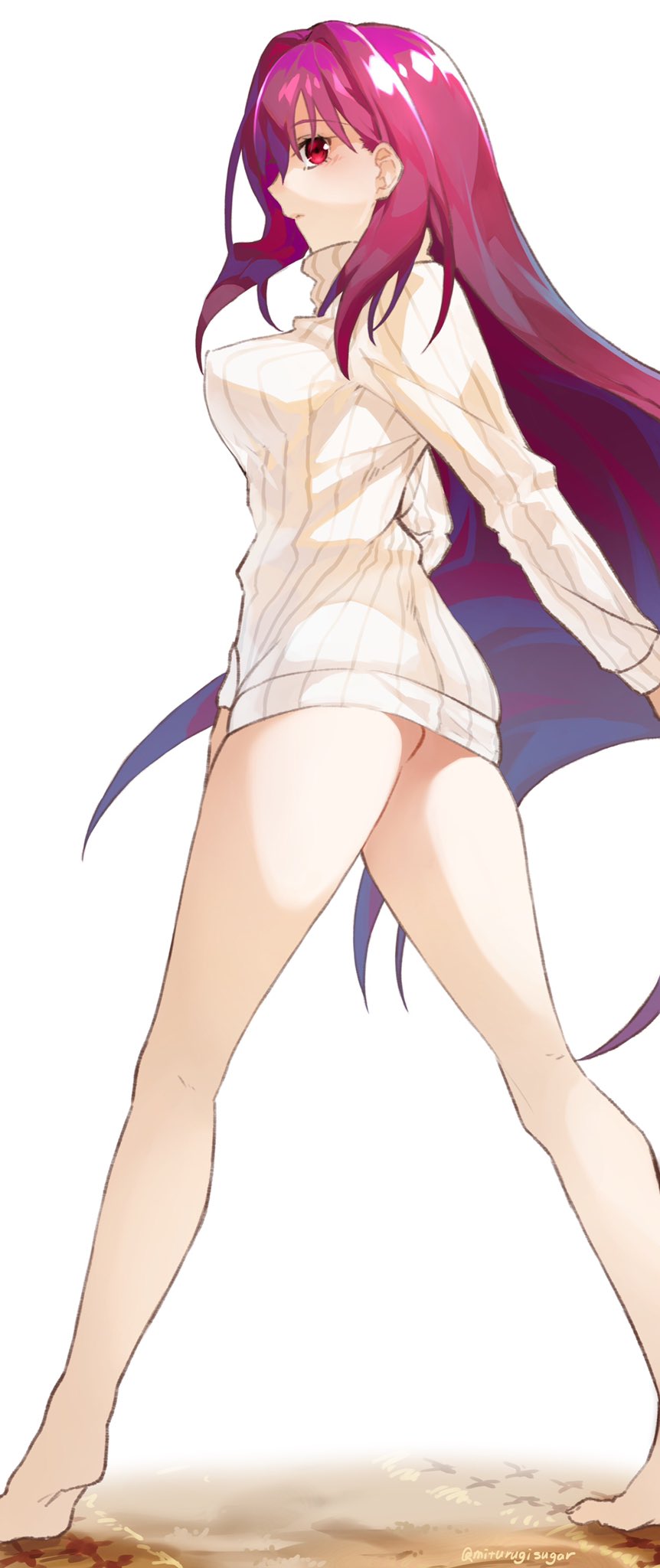 1girl ass bangs bare_legs barefoot breasts carpet closed_mouth covered_nipples dress ears expressionless eyebrows_visible_through_hair fate/grand_order fate_(series) from_side hair_behind_ear hair_between_eyes hair_intakes highres kneepits large_breasts legs legs_apart long_hair long_sleeves looking_at_viewer looking_back mithurugi-sugar naked_sweater perky_breasts purple_hair red_eyes ribbed_sweater scathach_(fate)_(all) scathach_(fate/grand_order) sidelocks sideways_glance simple_background soles solo standing sweater sweater_dress thighs tiptoes turtleneck turtleneck_sweater twitter_username very_long_hair white_background white_sweater