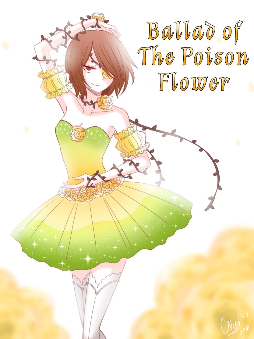 1girl ballerina breasts brown_hair chara_(undertale) closed_mouth cneko-chan collarbone cropped_legs dancing dress female female_only flower_over_eye green_dress hair no_bra one_eye_covered open_eyes red_eyes short_hair signature slit_pupils text thighhighs thighs undertale white_thighhighs yellow_flower