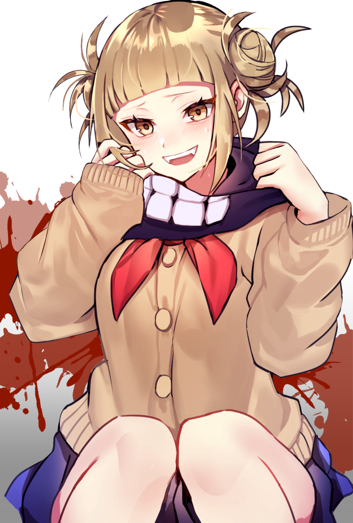 1girl :d blonde_hair blood blood_splatter blue_skirt blush boku_no_hero_academia brown_cardigan double_bun head_tilt long_sleeves looking_at_viewer miniskirt neckerchief open_mouth pleated_skirt popupi red_neckwear shiny shiny_hair shiny_skin short_hair sitting skirt smile solo toga_himiko white_background yellow_eyes