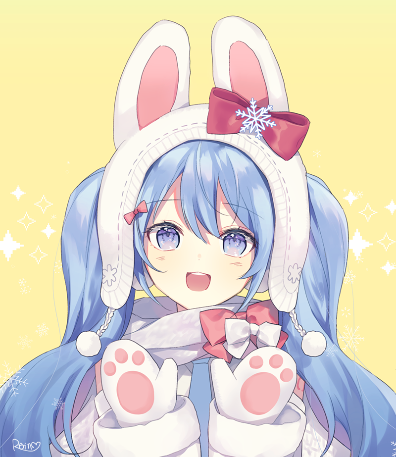 1girl :d animal_ears animal_hat bad_id bad_pixiv_id bangs beanie blue_eyes blue_hair blush bow bunny_hat commentary earmuffs english_commentary eyebrows_visible_through_hair hair_between_eyes hands_up hat hatsune_miku head_tilt jacket long_hair long_sleeves mittens open_mouth rabbit_ears red_bow round_teeth silltare smile snowflakes solo sparkle teeth twintails twitter_username upper_body upper_teeth vocaloid white_headwear white_jacket white_mittens yellow_background yuki_miku