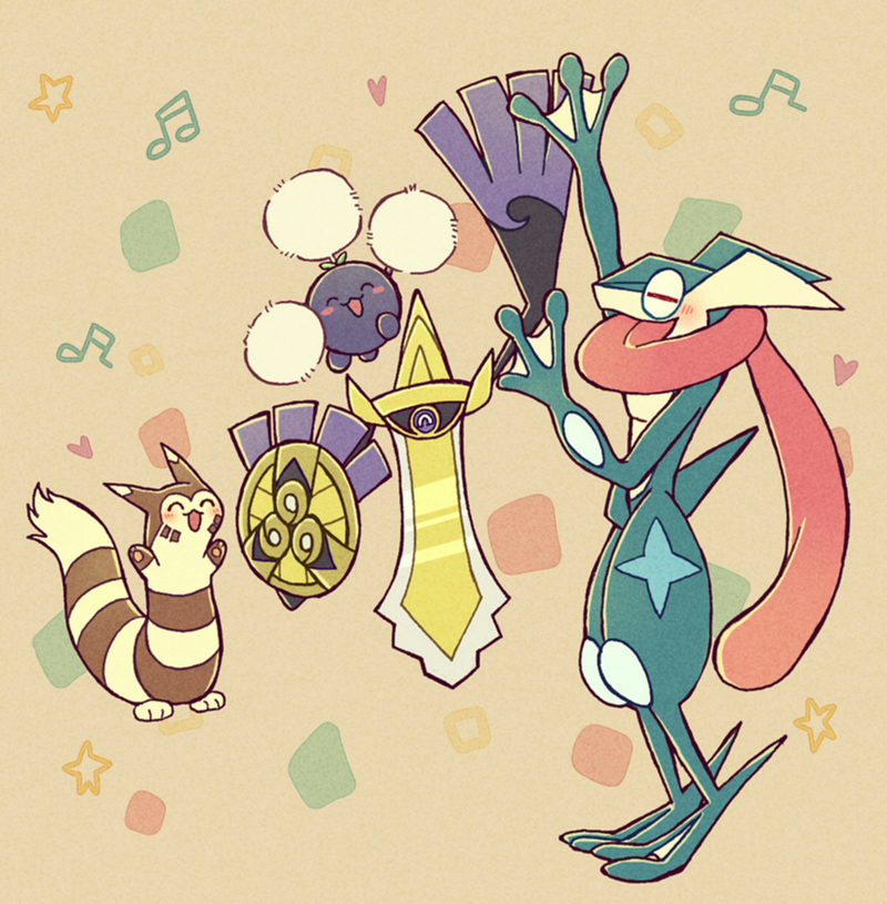 :3 aegislash arm_up arms_up beige_background black_sclera blush blush_stickers closed_eyes from_side full_body furret gen_2_pokemon gen_6_pokemon greninja hand_up happy heart jumpluff long_tongue music musical_note no_humans one-eyed open_mouth pokemon pokemon_(creature) shield shiwo_(siwosi) singing smile standing star sword tongue tongue_out weapon