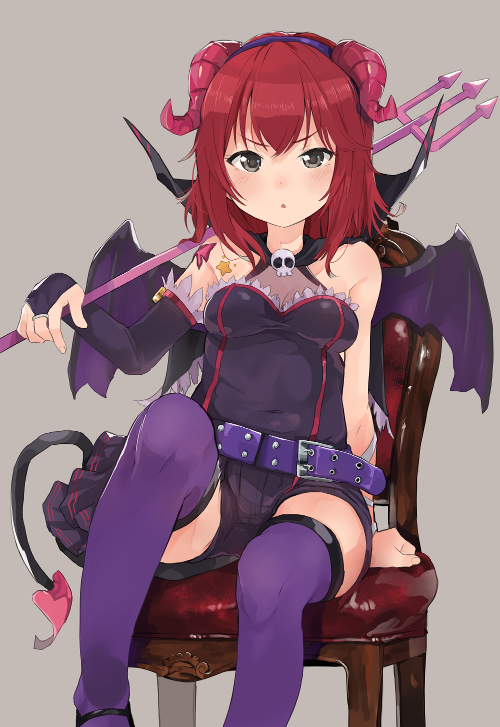 1girl :o alternate_costume bangs belt black_eyes blush breasts capelet chair commentary_request covered_navel demon_girl demon_horns demon_tail demon_wings eyebrows_visible_through_hair fingerless_gloves gloves grey_background hair_between_eyes headband highres holding holding_weapon horns idolmaster idolmaster_cinderella_girls long_hair looking_at_viewer murakami_tomoe open_mouth polearm purple_legwear redhead simple_background sitting skirt skull star tail thigh-highs trident wataro_(watawatawatapon) weapon wings