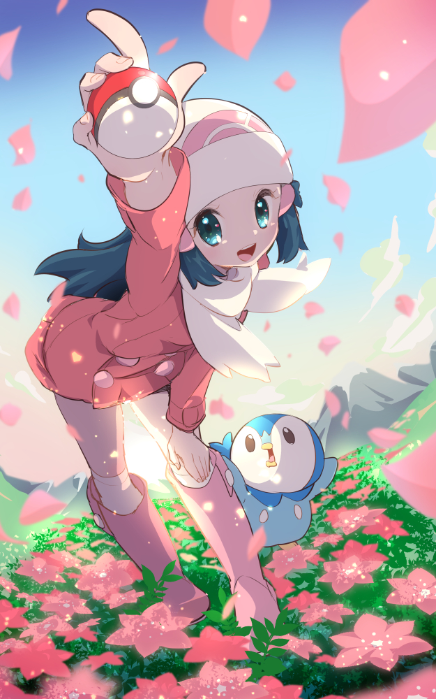 1girl arm_up beanie black_eyes blue_eyes blue_hair blue_sky blush boots chorimokki clouds day field flower flower_field full_body gen_4_pokemon hair_ornament hairclip hand_on_own_knee happy hat hikari_(pokemon) holding holding_poke_ball knee_boots kneehighs light_blush long_hair long_sleeves looking_at_viewer mountain open_mouth outdoors outstretched_arm petals pink_coat pink_flower pink_footwear piplup poke_ball poke_ball_(generic) poke_ball_symbol poke_ball_theme pokemon pokemon_(creature) pokemon_(game) pokemon_dppt pokemon_platinum sky smile standing teeth white_headwear white_legwear