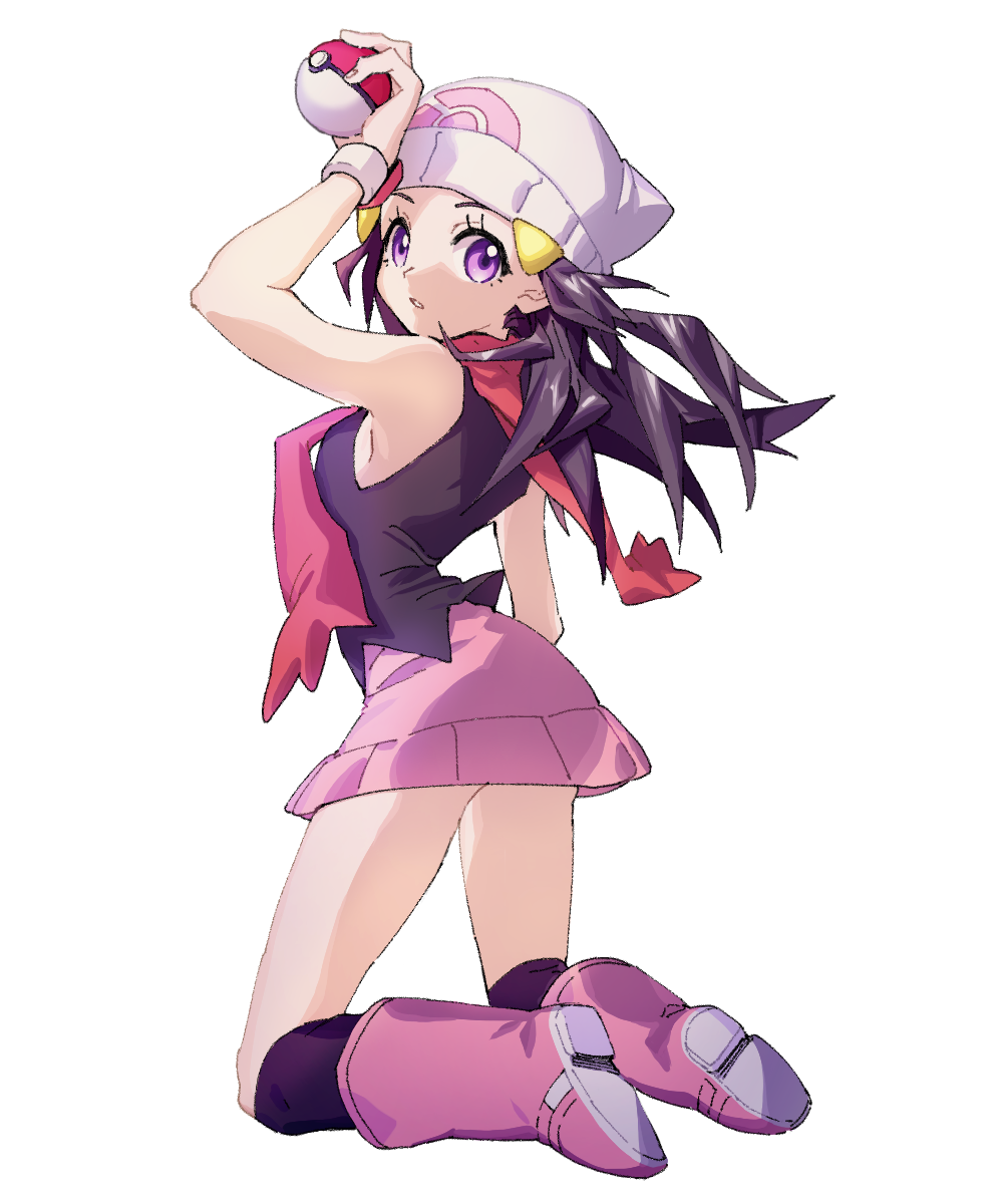 1girl ankea_(a-ramo-do) arm_up bare_shoulders beanie black_hair black_legwear black_shirt boots breasts from_behind full_body hair_ornament hairclip hat highres hikari_(pokemon) holding holding_poke_ball knee_boots kneehighs kneeling long_hair miniskirt parted_lips pink_footwear pink_skirt poke_ball poke_ball_(generic) poke_ball_symbol poke_ball_theme pokemon pokemon_(game) pokemon_dppt red_scarf scarf shiny shiny_hair shirt simple_background skirt sleeveless sleeveless_shirt small_breasts solo tied_hair watch watch white_background white_headwear