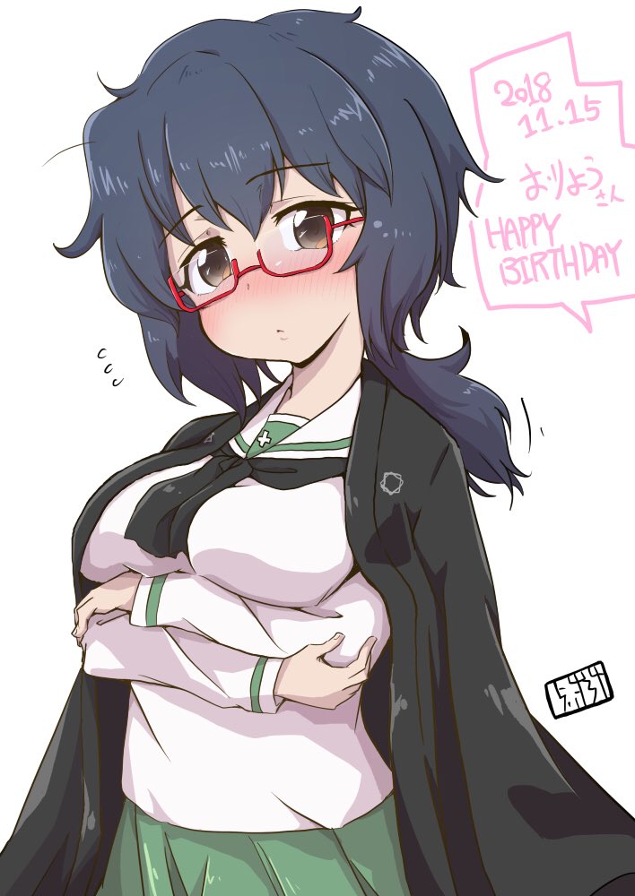 1girl artist_name black_eyes black_hair black_neckwear blouse blush bob_(you-u-kai) breast_hold breasts character_name closed_mouth commentary crossed_arms dated english_text eyebrows_visible_through_hair flying_sweatdrops girls_und_panzer glasses green_skirt haori happy_birthday head_tilt japanese_clothes light_frown long_sleeves looking_at_viewer medium_hair messy_hair motion_lines neckerchief ooarai_school_uniform oryou_(girls_und_panzer) pleated_skirt red-framed_eyewear school_uniform semi-rimless_eyewear serafuku short_ponytail signature simple_background skirt solo standing translated under-rim_eyewear upper_body white_background white_blouse