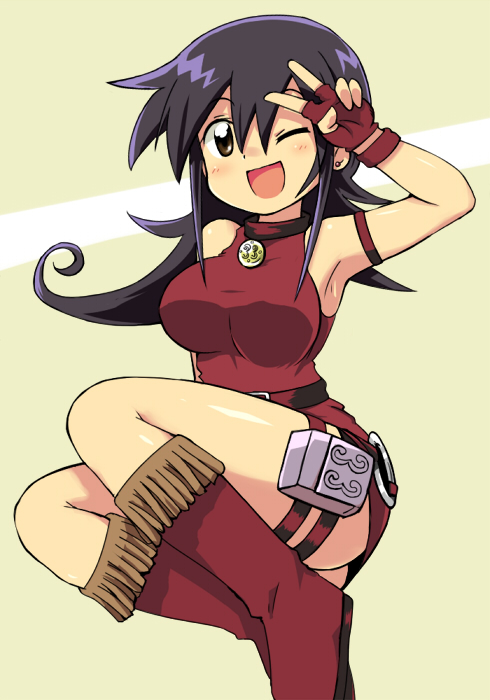 1girl arm_up bare_shoulders belt blush boots breasts choker commentary_request curly_hair dress duel_masters fingerless_gloves gloves knee_up knees long_hair medium_breasts n36hoko one_eye_closed open_mouth purple_hair red_dress red_footwear red_gloves simple_background sitting smile solo tasogare_mimi taut_clothes taut_dress thigh_strap underwear v violet_eyes