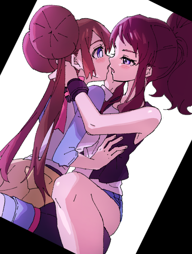 2girls ankea_(a-ramo-do) bangs bare_shoulders black_legwear black_vest blue_eyes blue_shorts blush breast_grab breasts brown_hair double_bun dutch_angle eye_contact grabbing hand_on_another's_face hand_up hands_up hug imminent_kiss long_hair looking_at_another medium_breasts mei_(pokemon) multiple_girls open_mouth pantyhose pokemon pokemon_(game) pokemon_bw pokemon_bw2 ponytail shirt shoes short_shorts shorts simple_background sitting sleeveless sleeveless_shirt tied_hair touko_(pokemon) twintails vest wariza watch watch white_background white_shirt yellow_shorts yuri