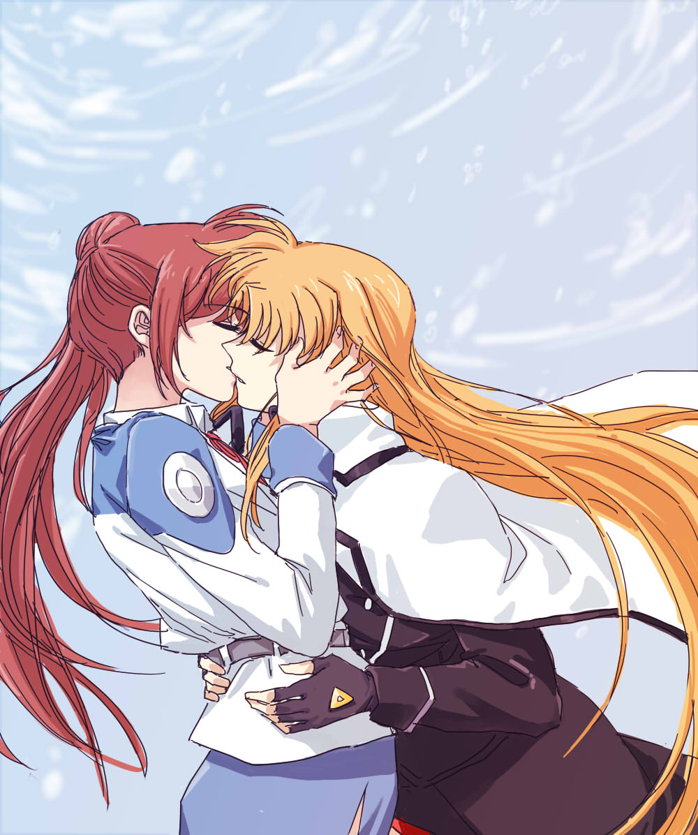 2girls belt black_gloves black_jacket blonde_hair blue_skirt brown_hair cape closed_eyes echiu eyebrows_visible_through_hair fate_testarossa fingerless_gloves floating_hair from_side gloves hair_bun jacket kiss long_hair lyrical_nanoha mahou_shoujo_lyrical_nanoha_strikers multiple_girls neck_ribbon red_ribbon ribbon side_ponytail skirt takamachi_nanoha tsab_air_military_uniform very_long_hair white_cape white_jacket yuri