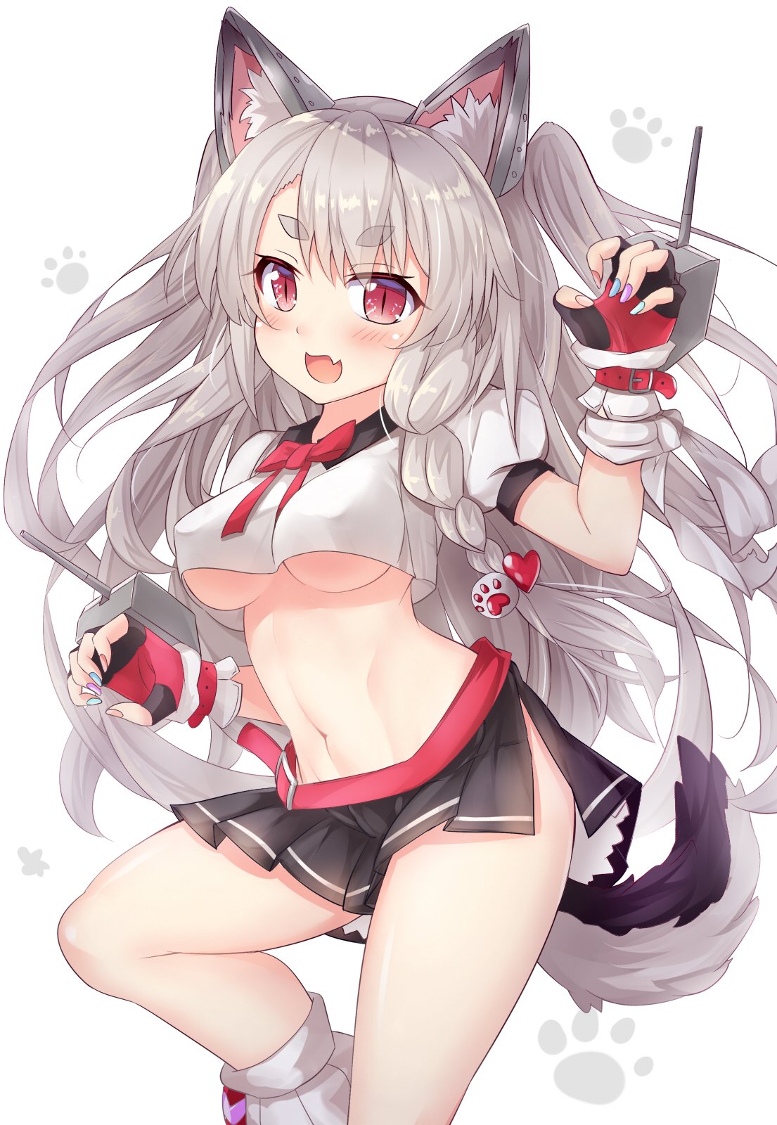 1girl :d animal_ears azur_lane bare_legs belt blush braid breasts claw_pose commentary_request covered_nipples crop_top fang fingerless_gloves gloves groin hair_between_eyes hair_ornament heart heart_hair_ornament highres kazuneko_(wktk1024) leg_up long_hair looking_at_viewer medium_breasts midriff multicolored multicolored_nails nail_polish navel no_bra open_mouth paw_background paw_ornament red_belt red_eyes shirt silver_hair simple_background single_braid slit_pupils smile solo tail thighs under_boob very_long_hair white_shirt yuudachi_(azur_lane)
