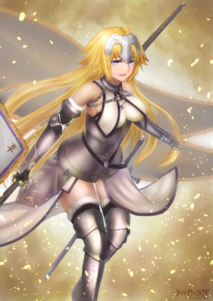 1girl :d armor armored_boots armored_dress banner black_gloves black_legwear blonde_hair blue_eyes boots breasts detached_sleeves dress fate/grand_order fate_(series) floating_hair fur-trimmed_legwear fur_trim gloves headpiece holding jeanne_d'arc_(fate) jeanne_d'arc_(fate)_(all) large_breasts long_hair masamune_oekaki open_mouth pixiv_fate/grand_order_contest_1 sideboob smile solo thigh-highs thigh_boots very_long_hair white_dress